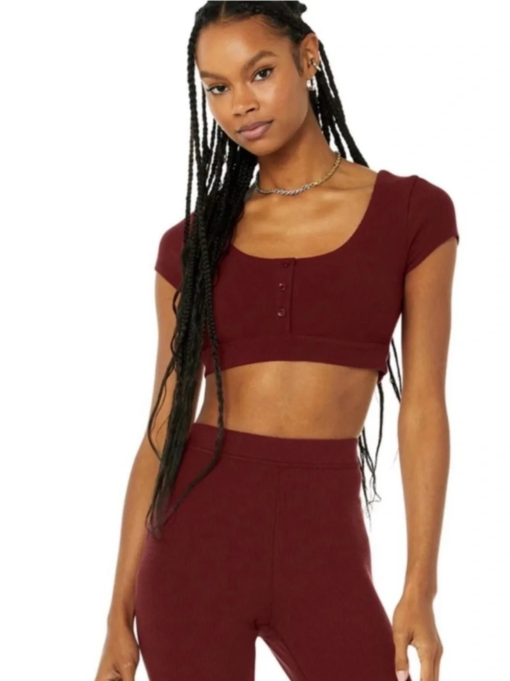 NWOT! Alo Blissful Henley Bra Top. Color Cranberry. Size S - Picture 1 of 16